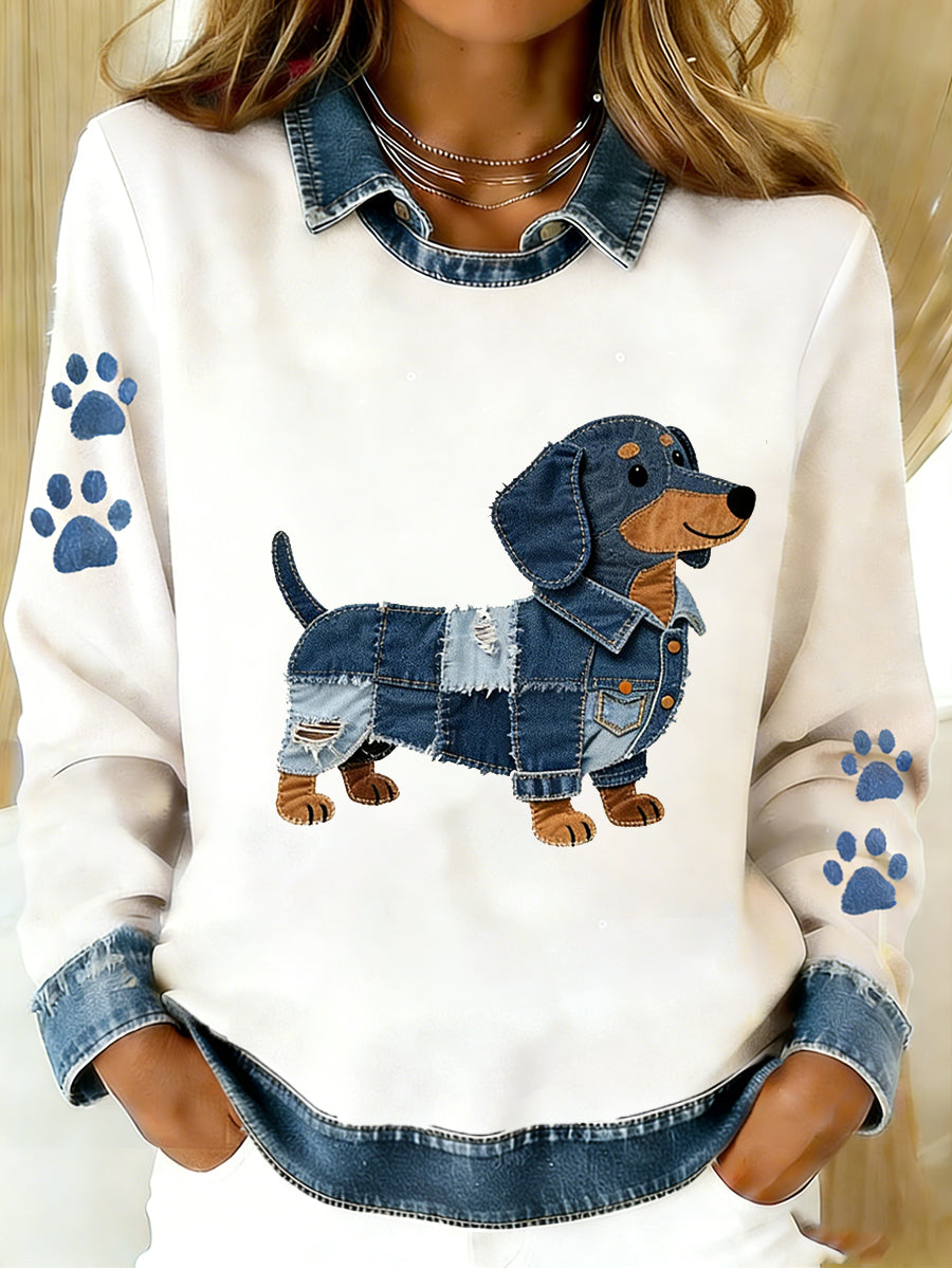 Kvinders Vintage Denim Patchwork top med Animal Art Print, Casual og behagelig