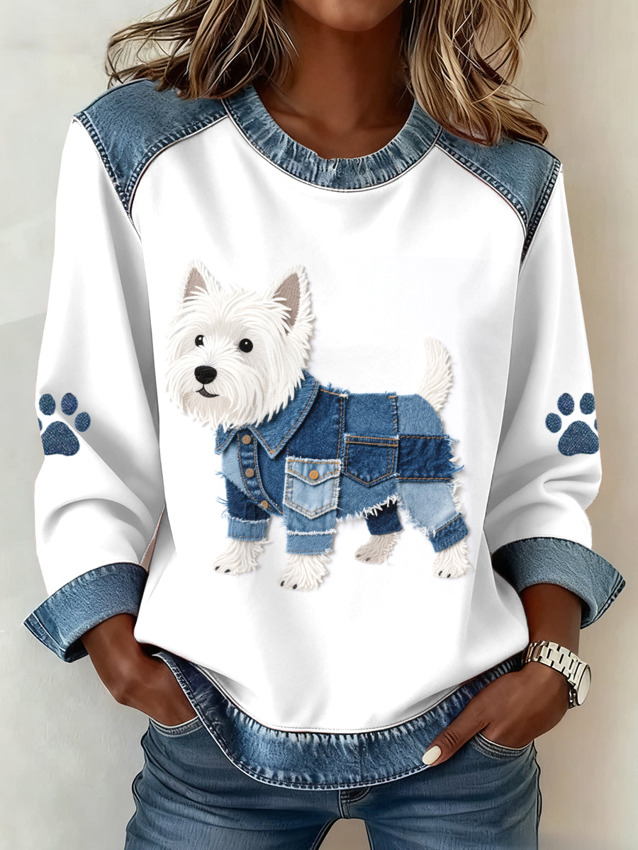 Kvinders dejlige West Highland White Terrier Mønster Denim Patchwork Sweatshirt