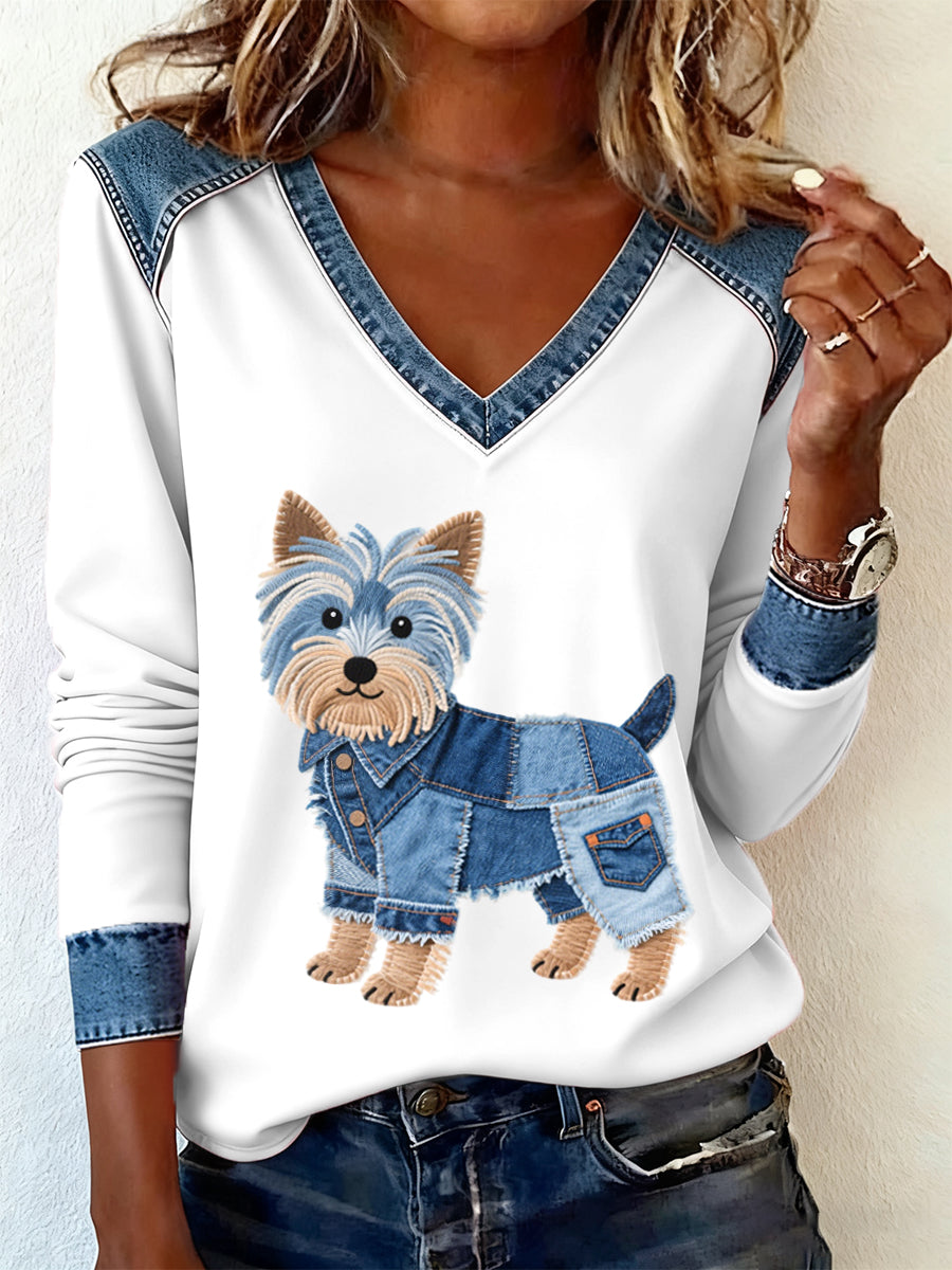 Kvinder Denim Patchwork Art Yorkshire Terrier hunde Mønster V-hals Langærme T-shirt