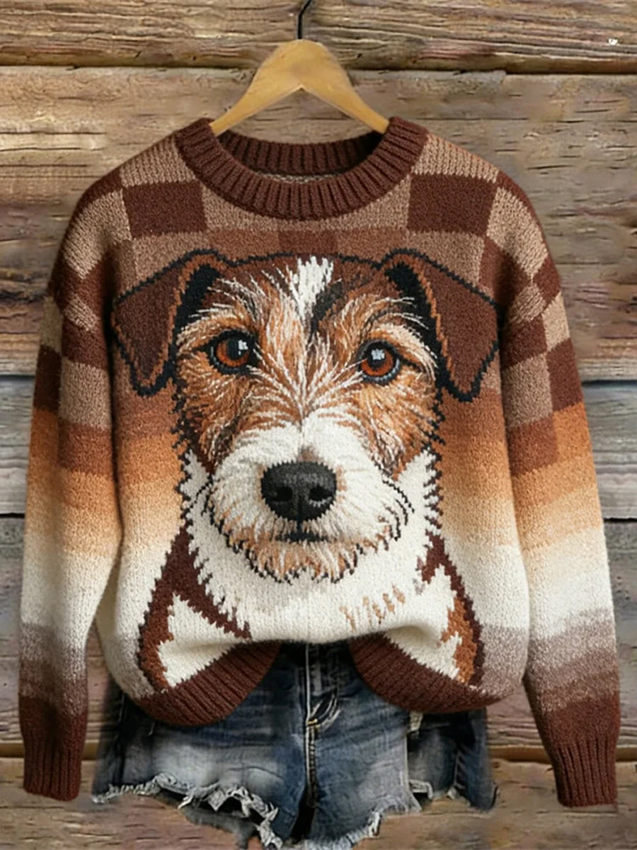 Kvinders Vintage Plaid Pet Hund Mønster Hyggelig sweater.