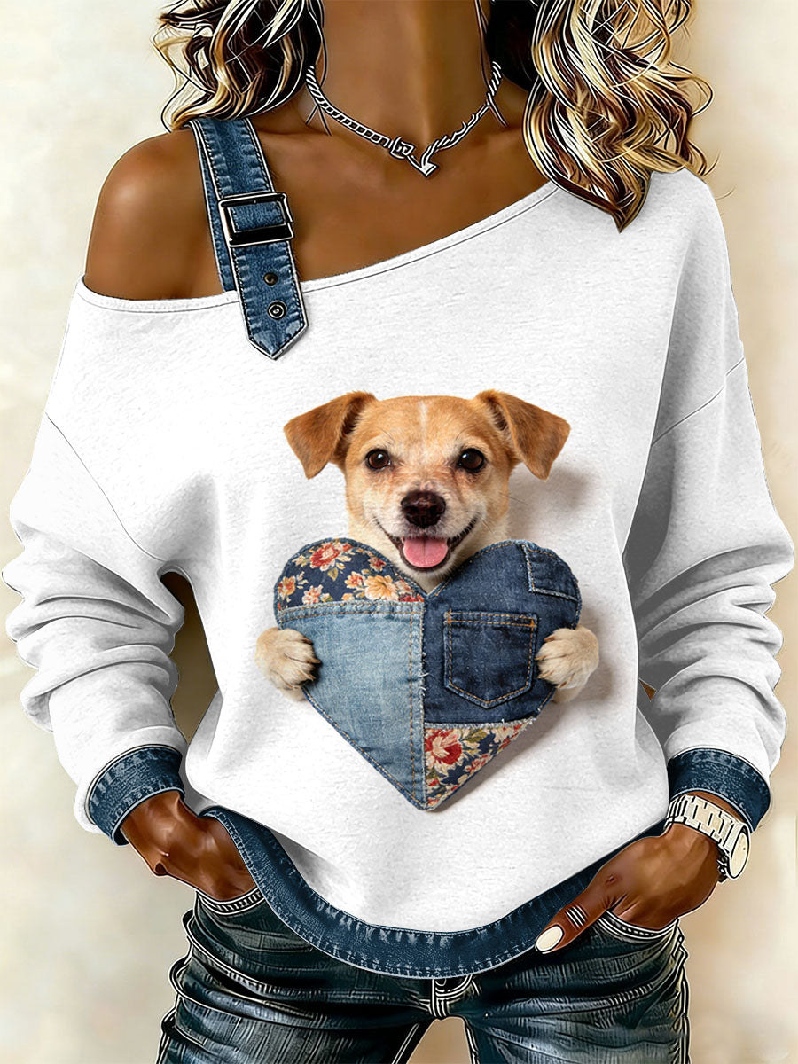 Kvinders Vintage hund Patchwork Print Casual Off-Shoulder Sweatshirt