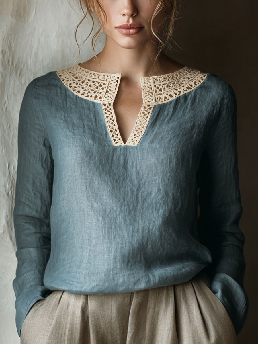 Kvindernes Vintage Lace Patchwork Linen skjorte
