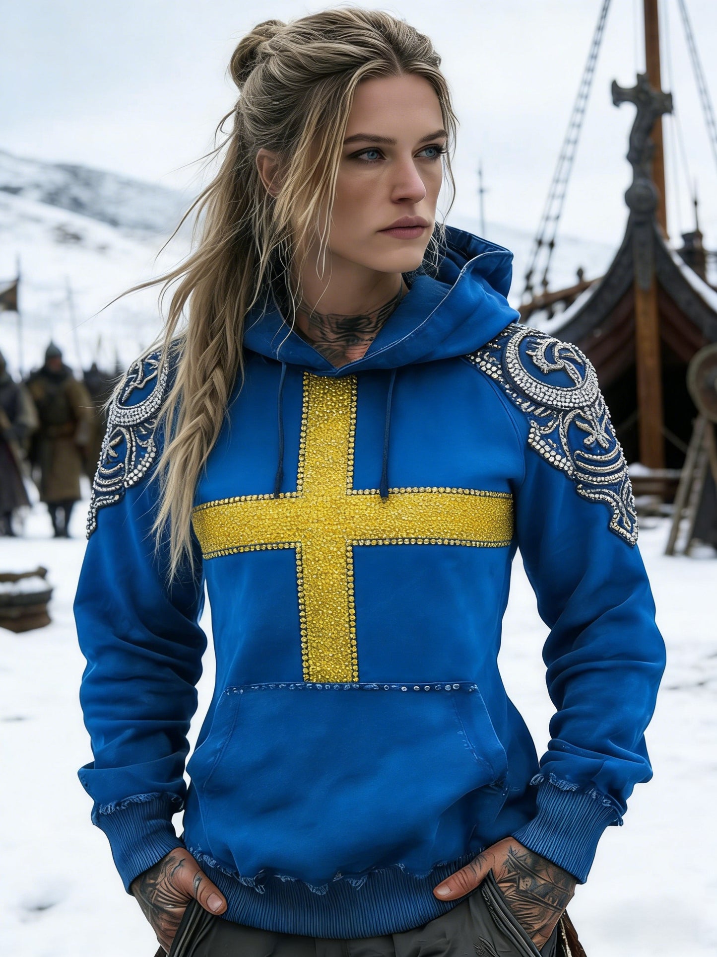 Kvinders Vintage Viking svensk Rhinestone nødsted kunst Print Casual Cotton Hooded Lomme Sweatshirt