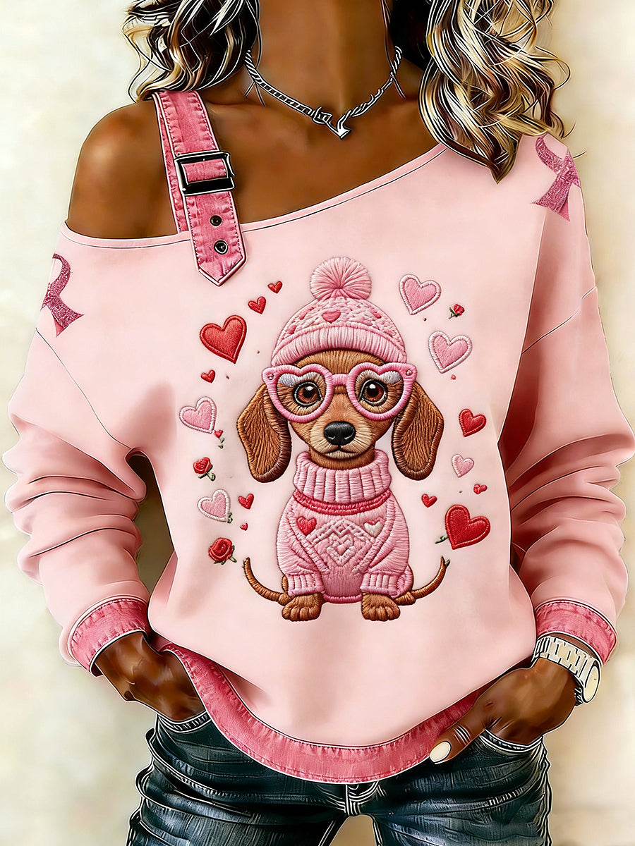 Kvinders brystkræft Animal Dachhund Printede en skulder Suspender Casual Sweater.