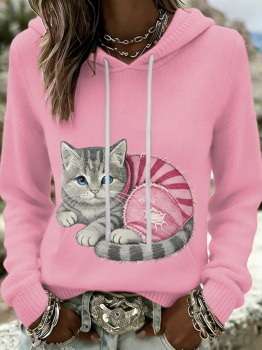Kvinder Retro Kat brystkræft Forebyggelse Casual Hooded sweatshirt