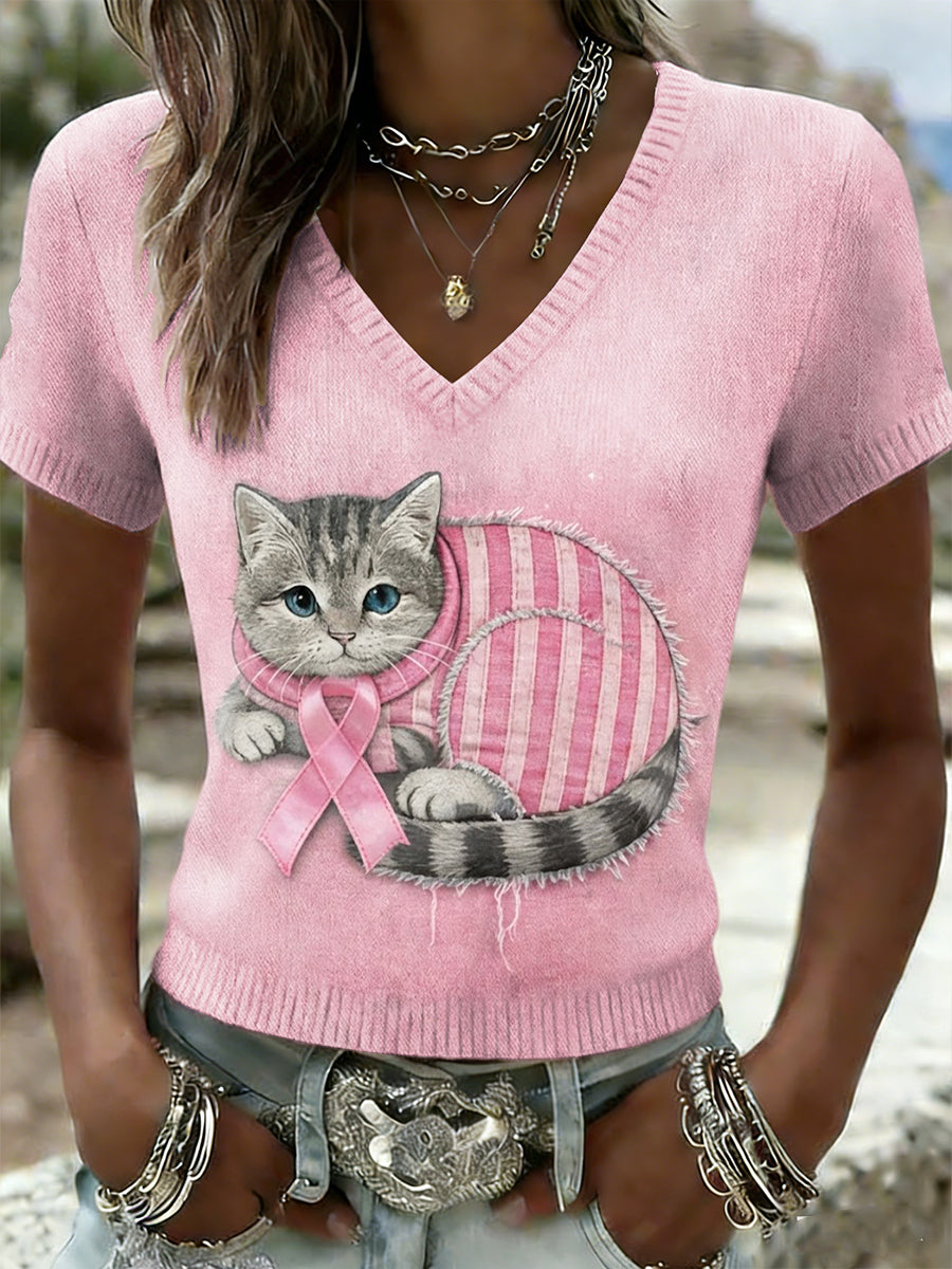 Kvinders Retro søde kat bryst kræft bevidsthed Casual strikke korte ærme T-shirt