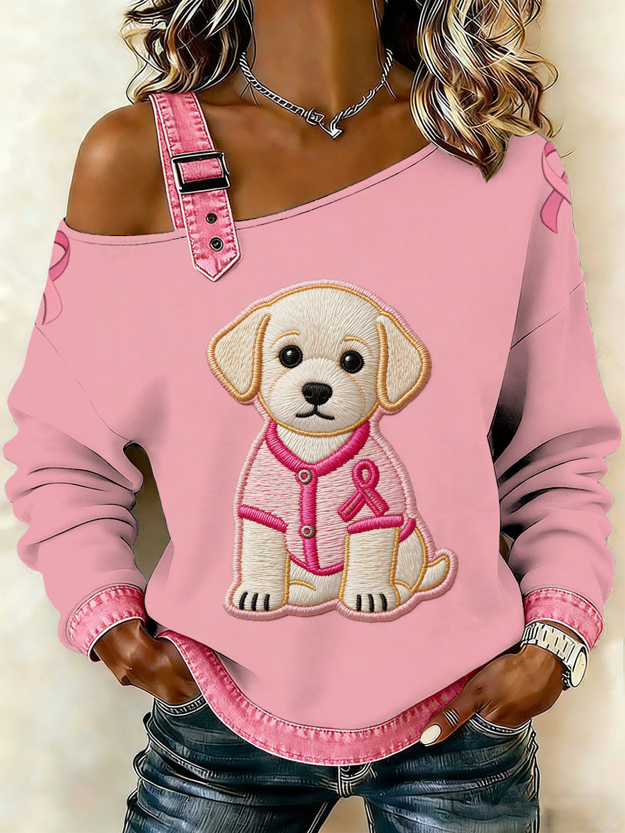 Kvinders brystkræft Printede en skulder Suspender Casual sweater.