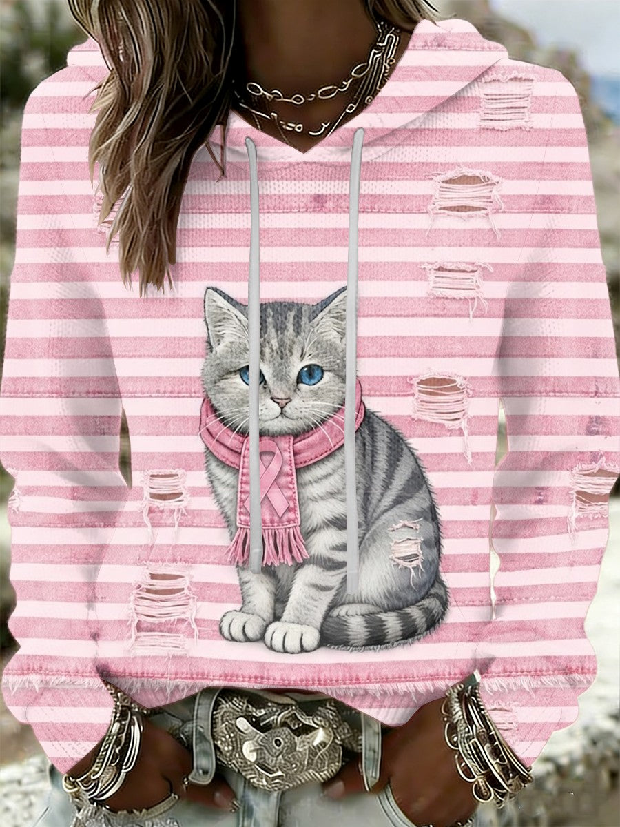 Kvinder Retro Kat brystkræft Forebyggelse Casual Hooded sweatshirt