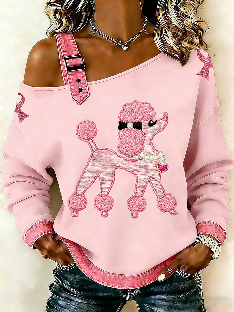 Kvinders brystkræft Animal Puddel Printede en skulder Suspender Casual Sweater.