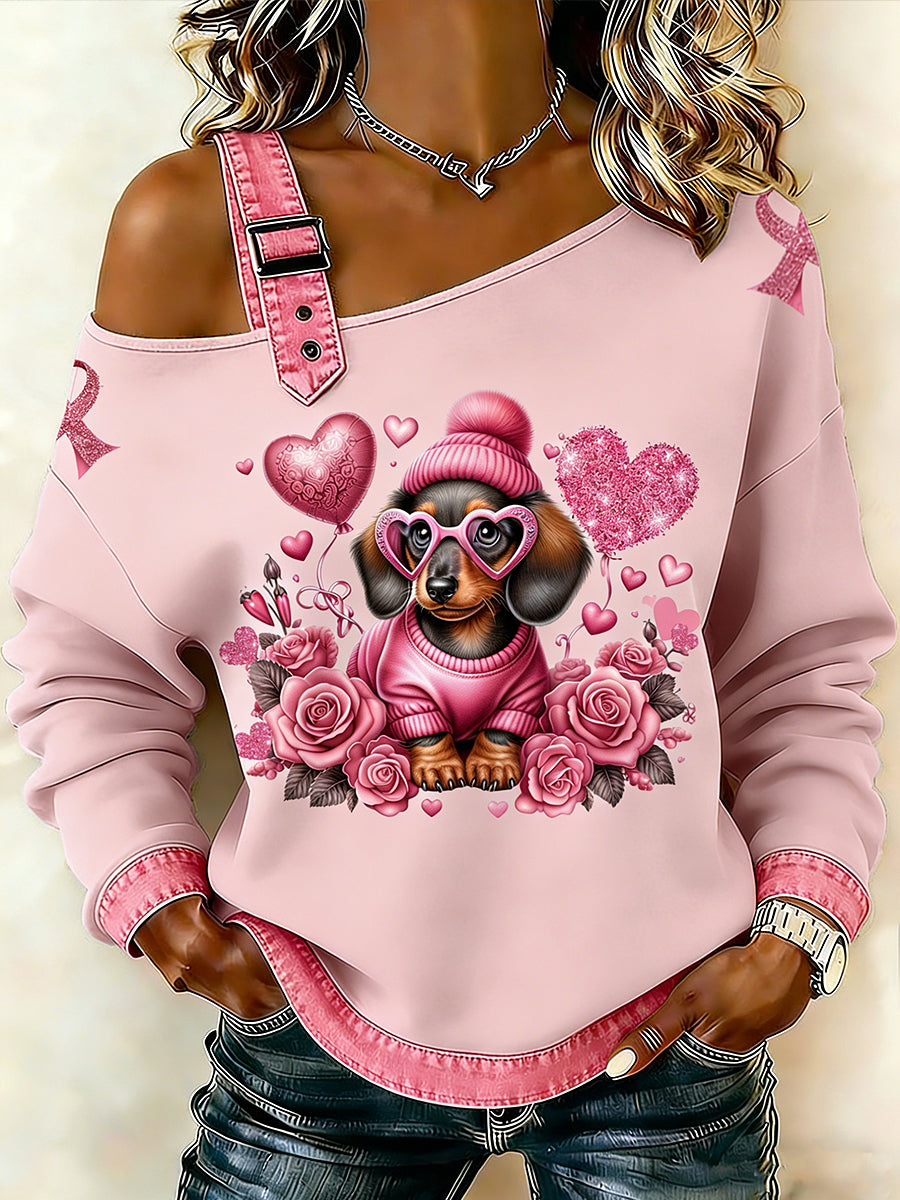 Kvinders brystkræft Animal Dachhund Printede en skulder Suspender Casual Sweater.