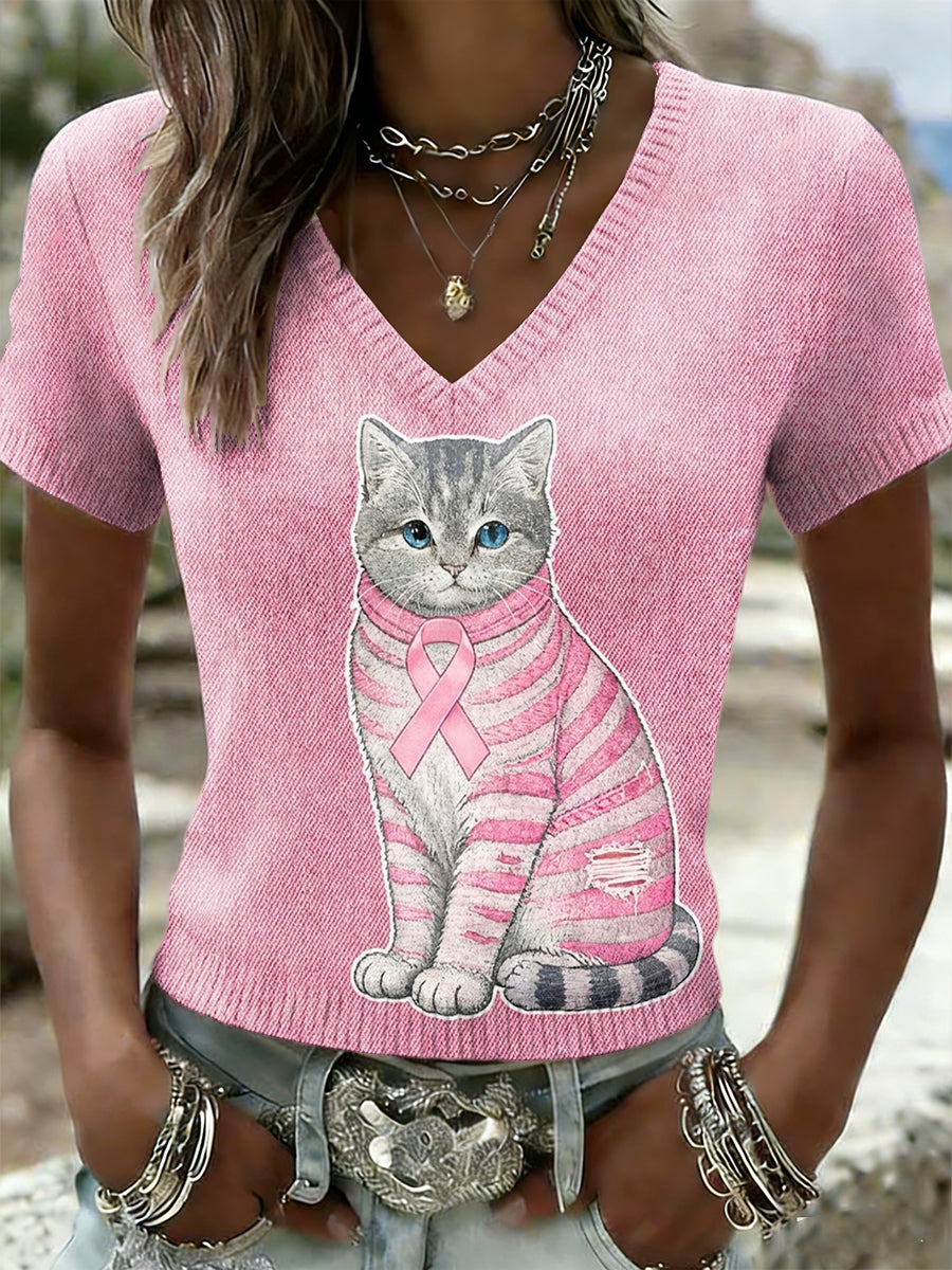 Kvinders Retro søde kat bryst kræft bevidsthed Casual strikke korte ærme T-shirt