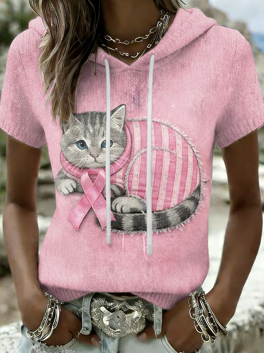 Kvinders Retro søde kat bryst kræft bevidsthed Casual Short-Sleeve T-Shirt