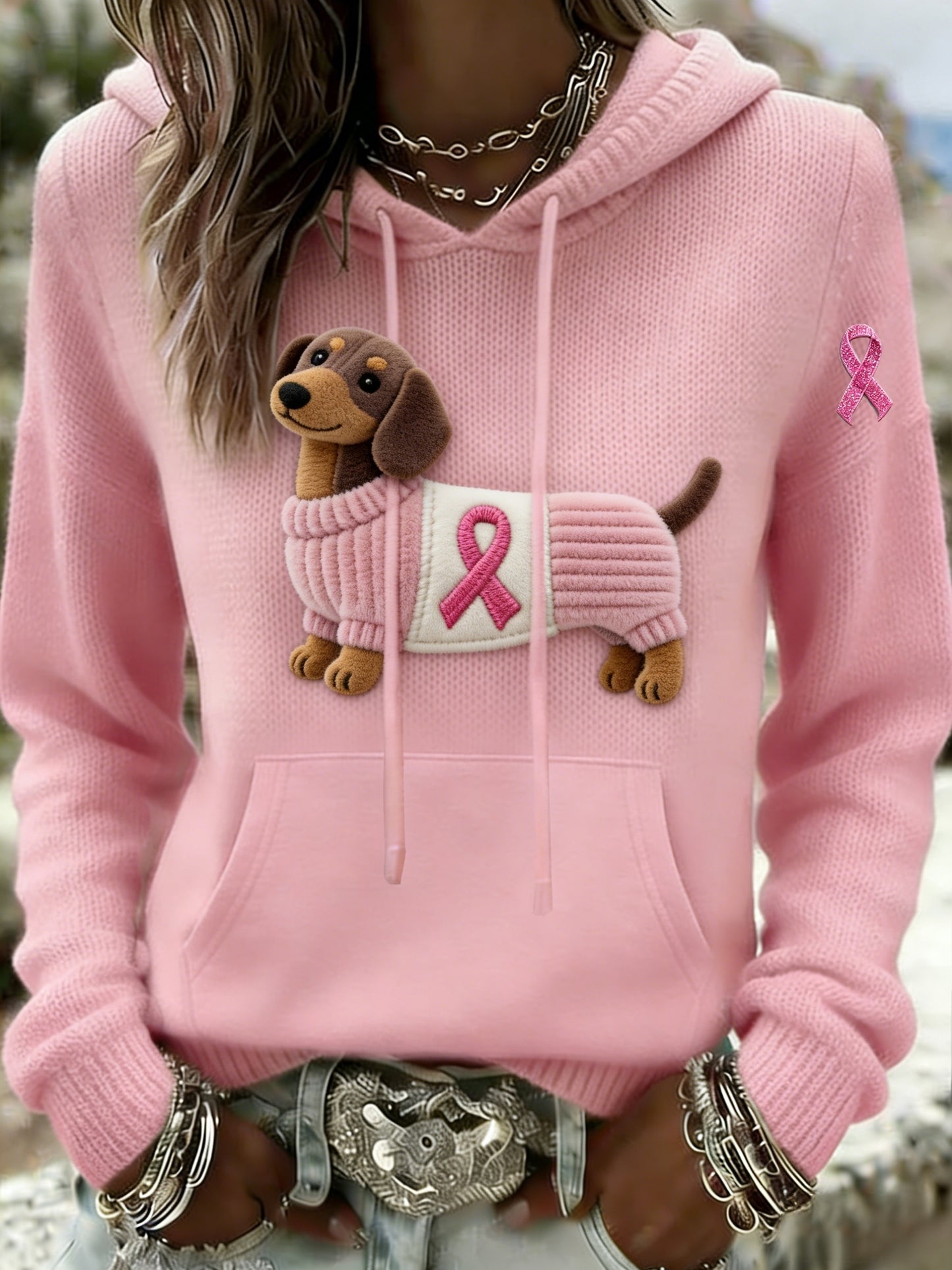 Kvinders Retro Dachhund Bryst kræft bevidsthed Casual Hooded sweatshirt