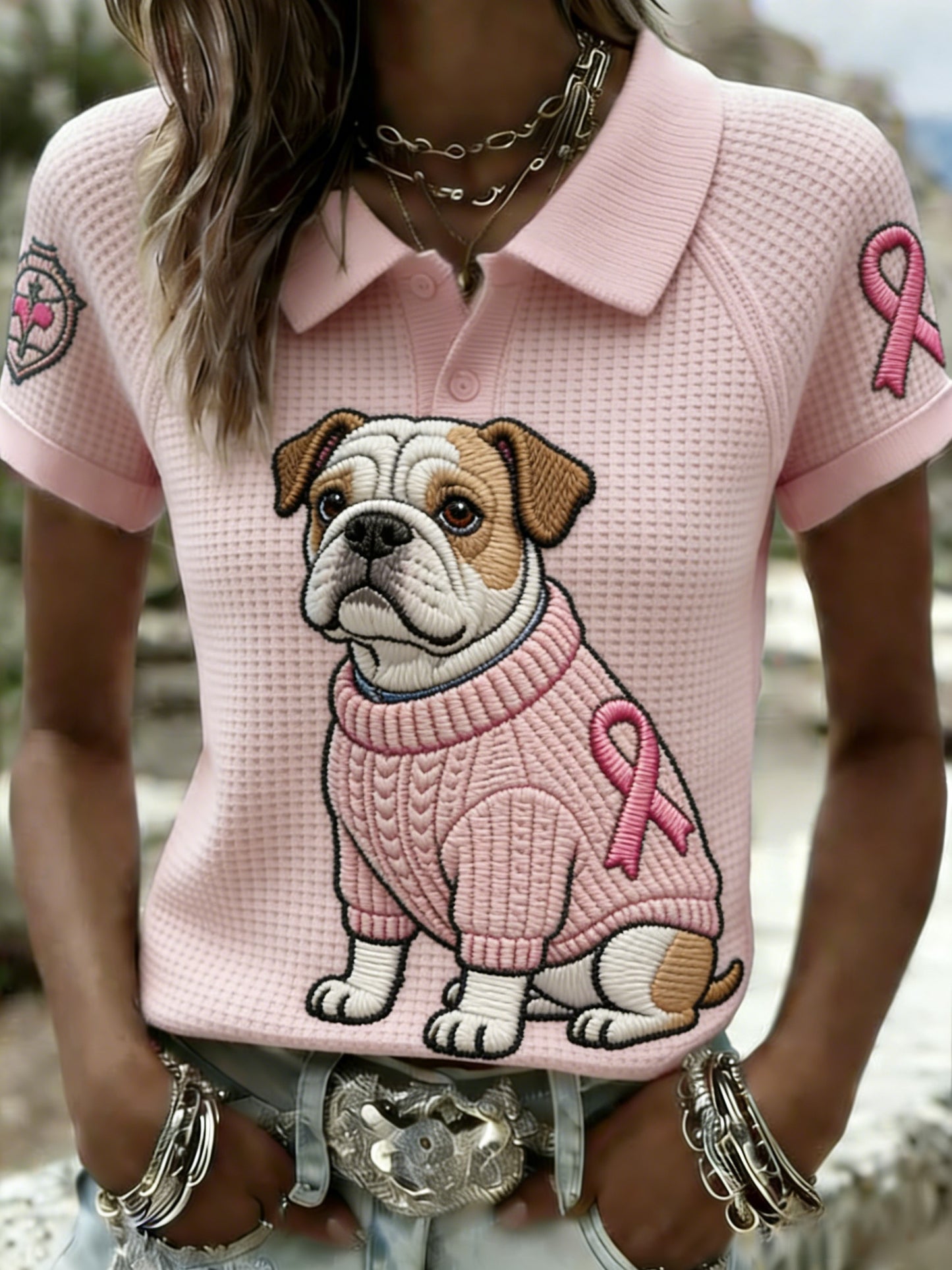 Kvinders Retro Bulldog Brystkræft bevidsthed Casual Vaffel T-shirt
