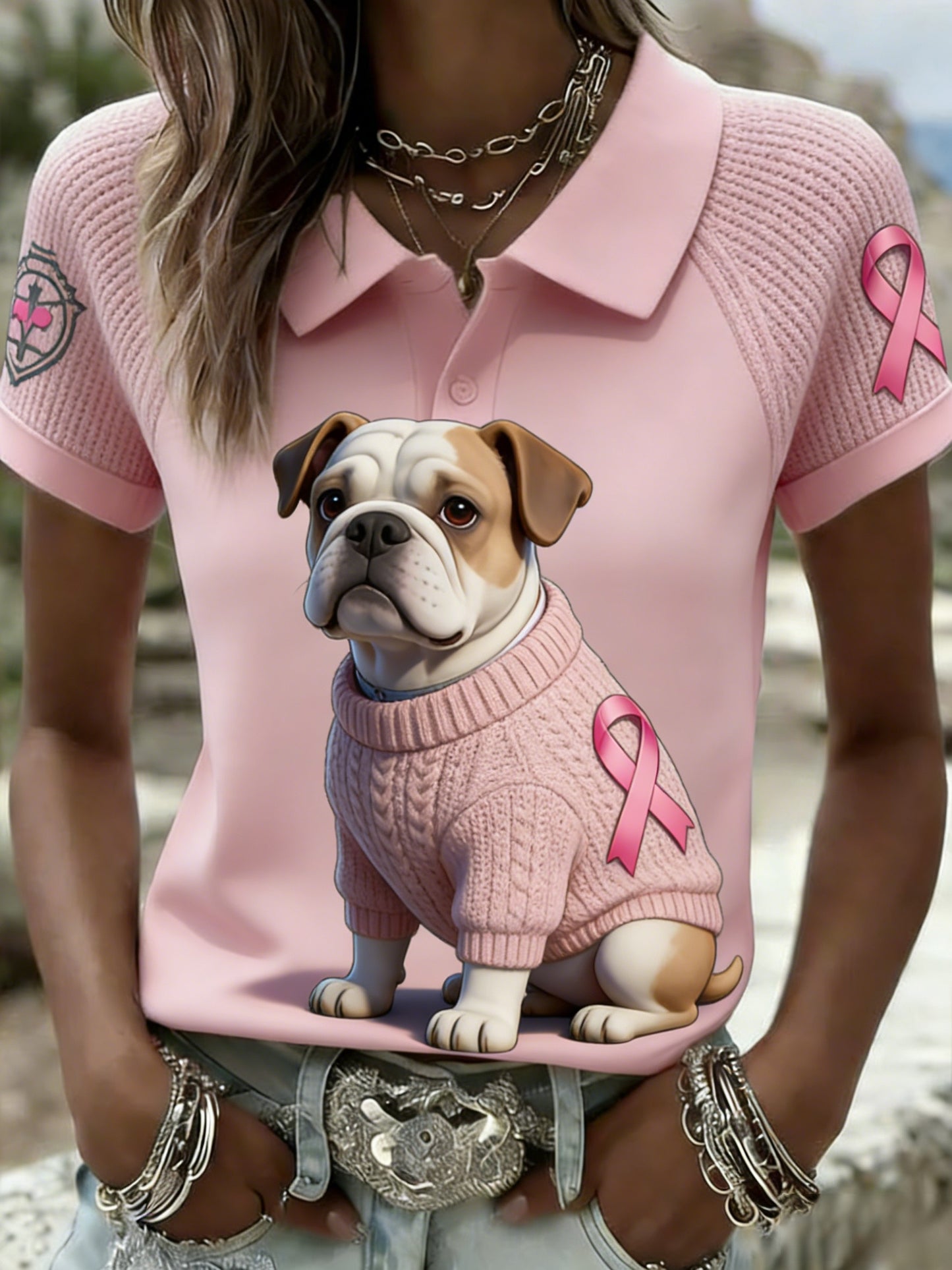 Kvinders Retro Bulldog Brystkræft bevidsthed Casual Short-Sleeve T-Shirt