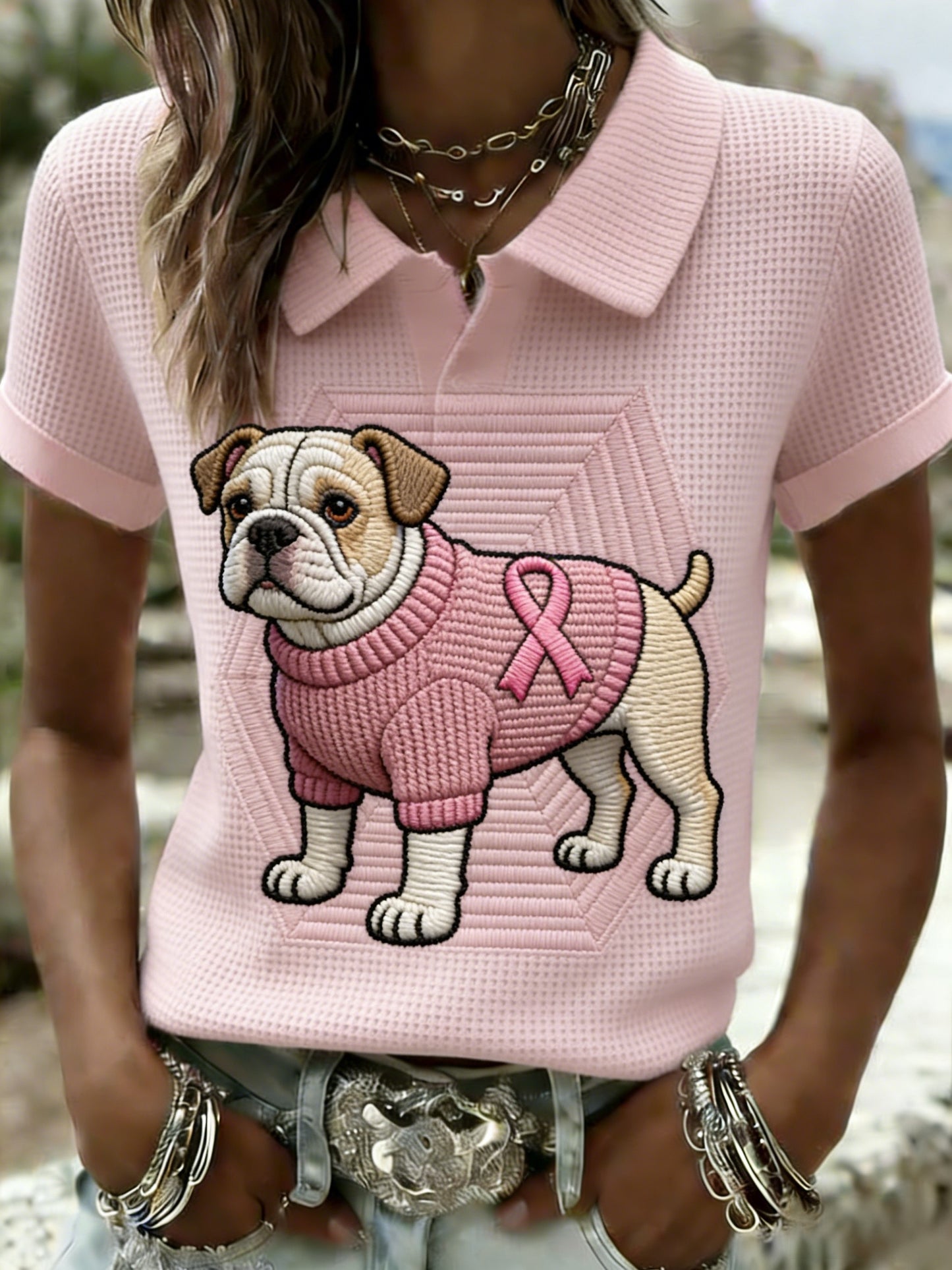 Kvinders Retro Bulldog Brystkræft bevidsthed Casual Vaffel T-shirt