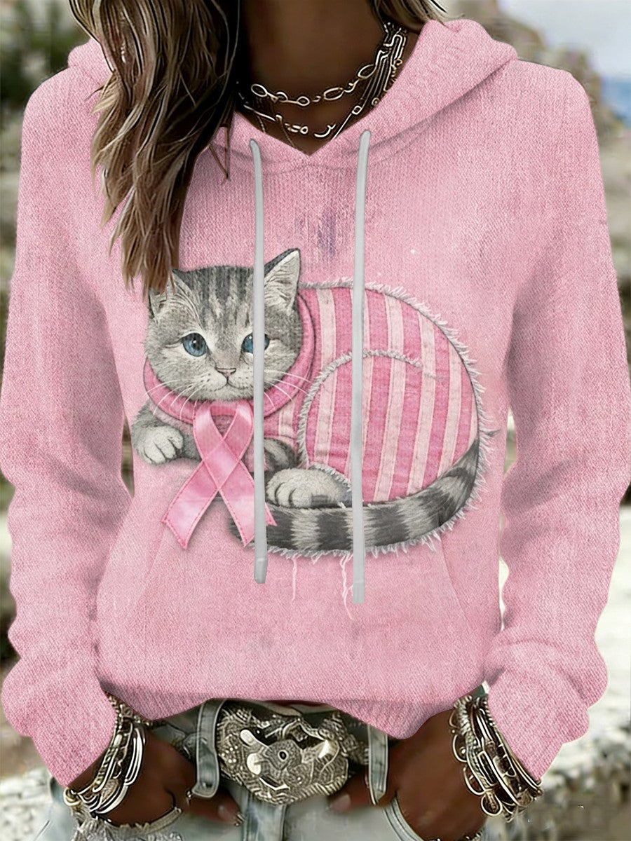 Kvinder Retro Kat brystkræft Forebyggelse Casual Hooded sweatshirt