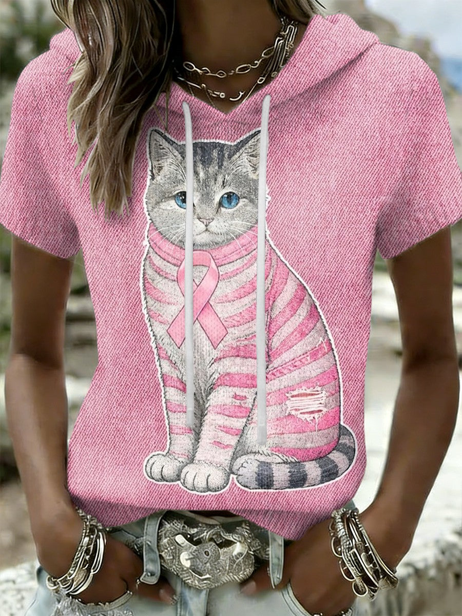 Kvinders Retro søde kat bryst kræft bevidsthed Casual Short-Sleeve T-Shirt