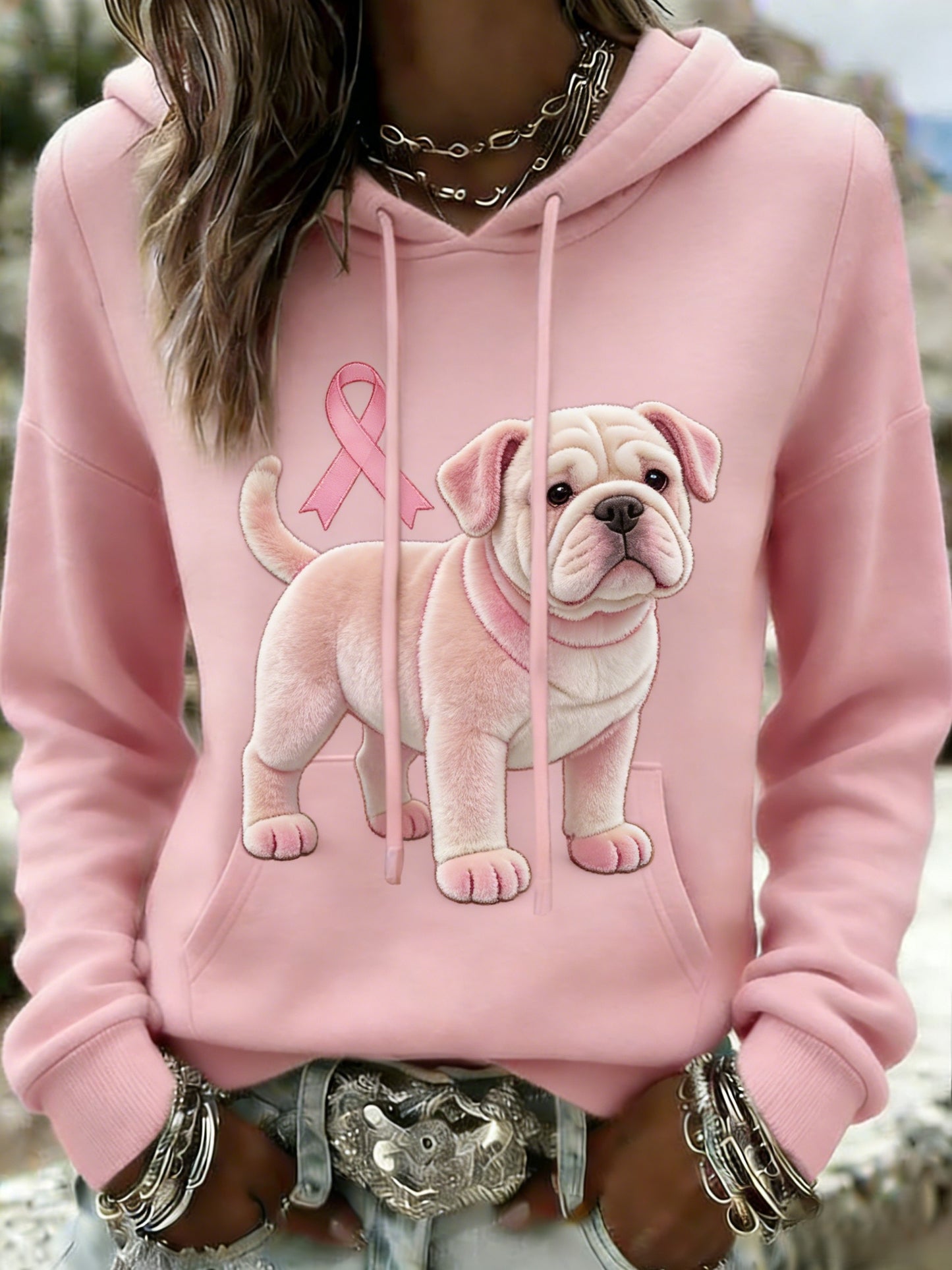 Kvinders Retro Bulldog Brystkræft bevidsthed Casual Hooded sweatshirt