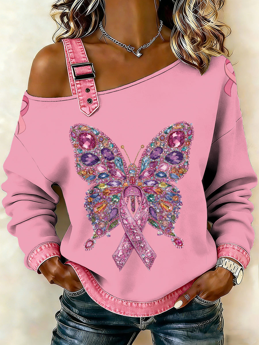 Kvinders brystkræft Printede en skulder Suspender Casual sweater.