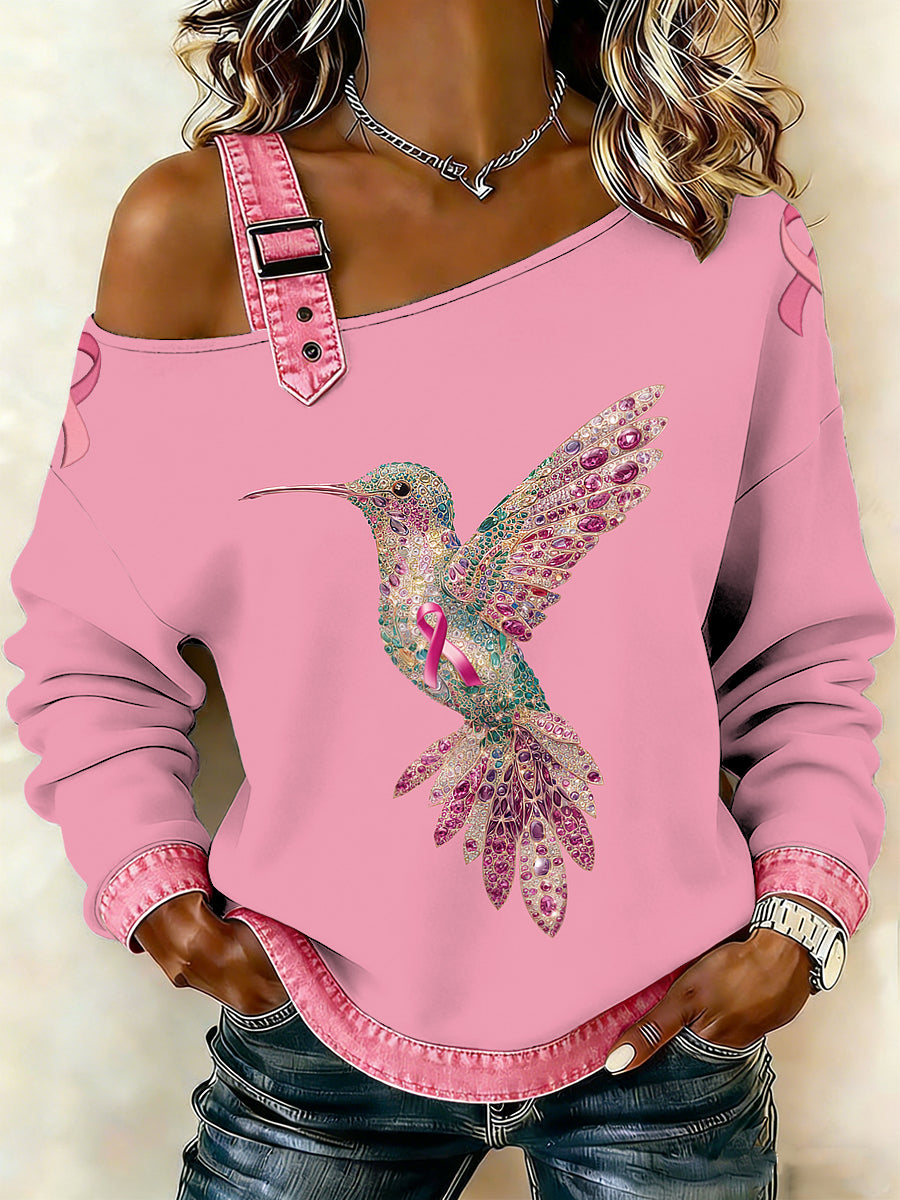 Kvinders brystkræft Fugle Printede en skulder Suspender Casual sweater.
