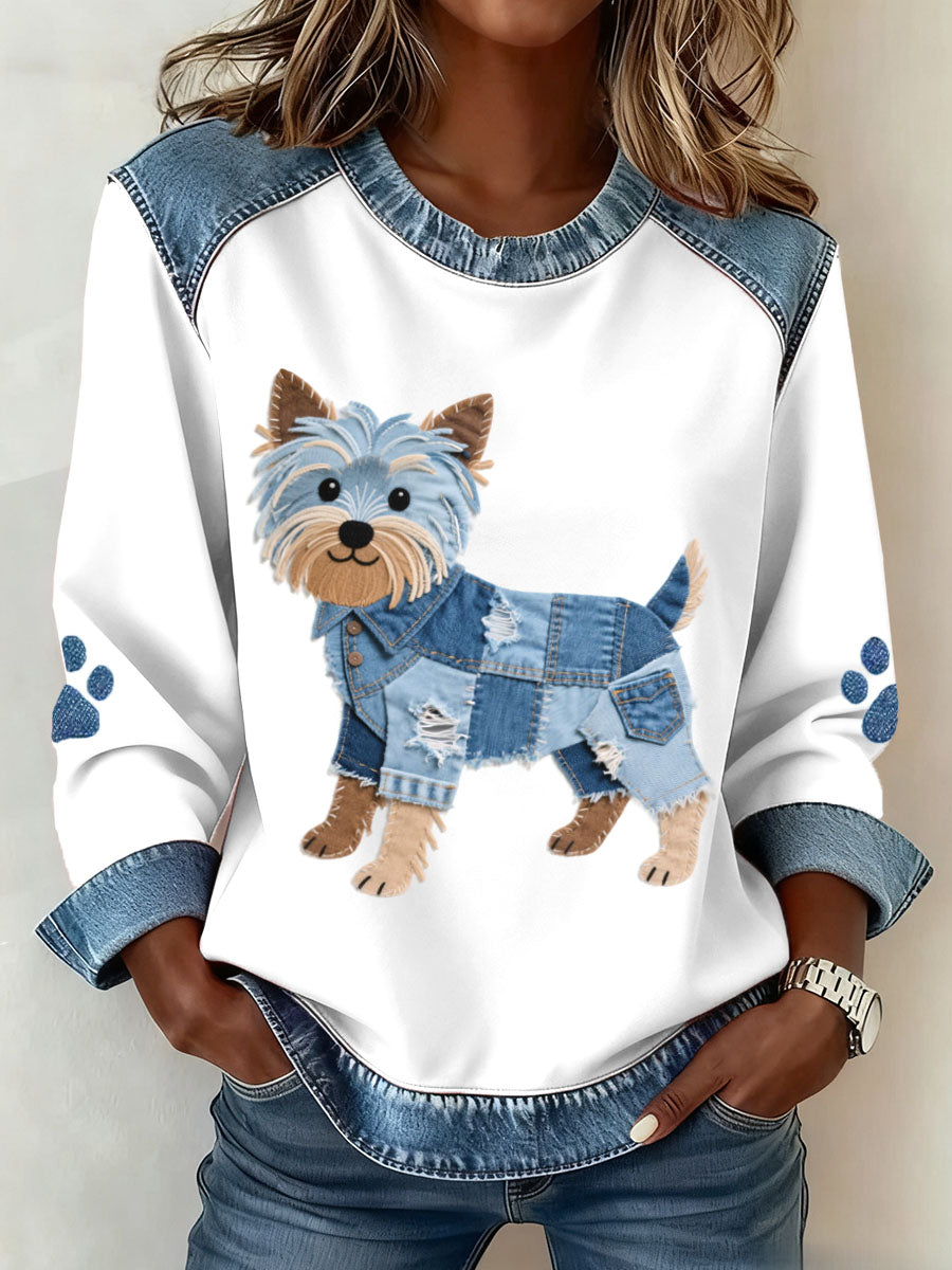 Kvinders dejlige Yorkshire Terrier hunde mønster Denim Patchwork Sweatshirt