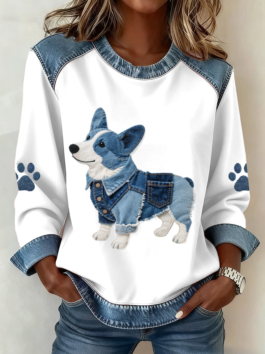Kvinders dejlige Corgi hund mønster Denim Patchwork Sweatshirt