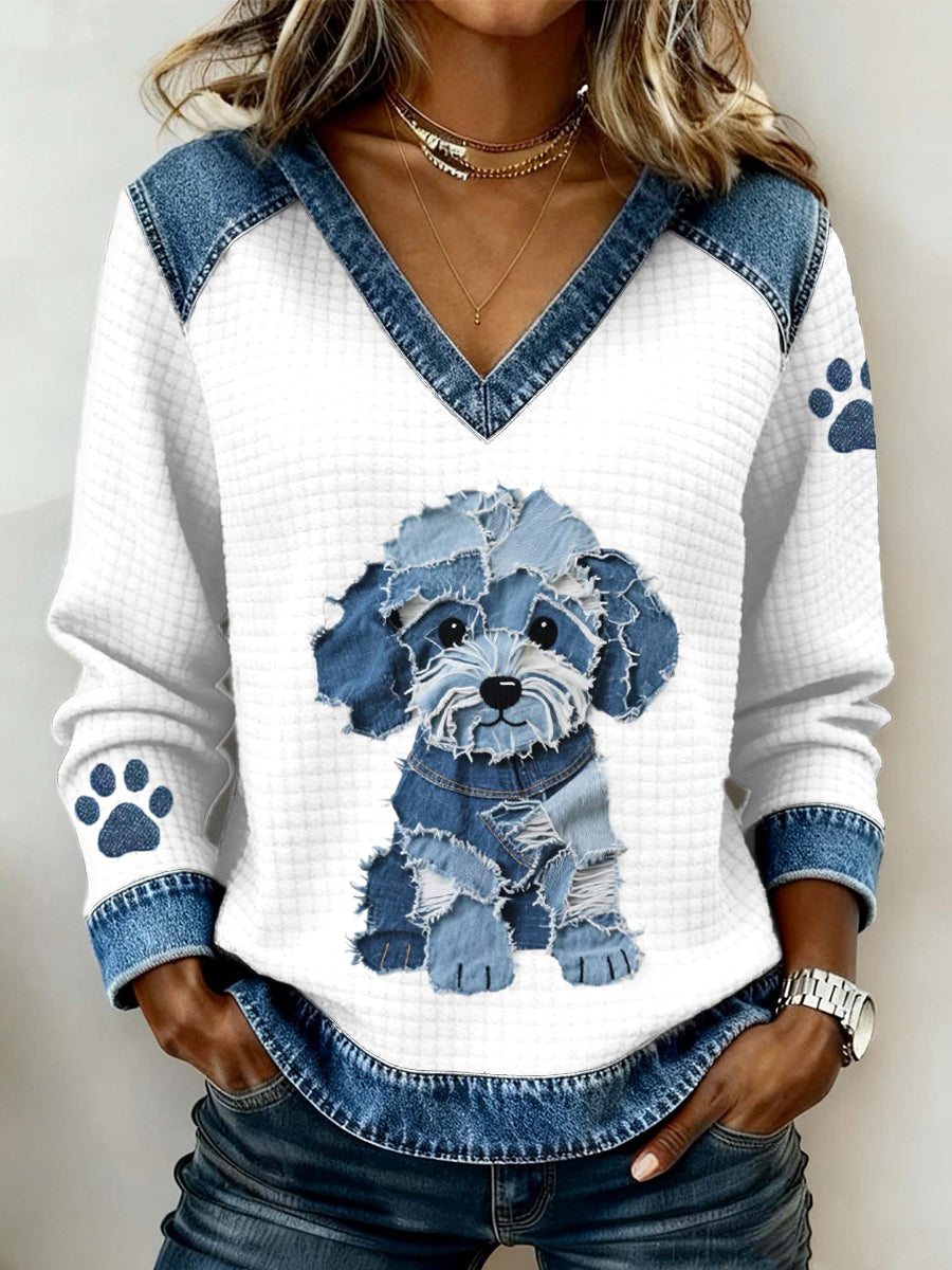 Kvinders dejlige hunde mønster Denim Patchwork V-hals toppeni