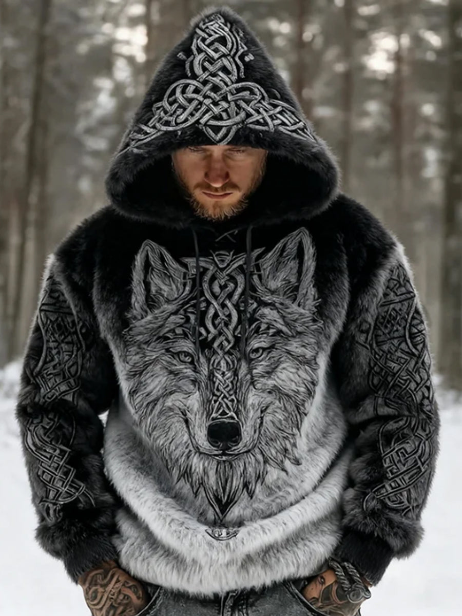 Mænds Viking Wolf Celtic Art Flannel Hyggelig varm Hoodie.