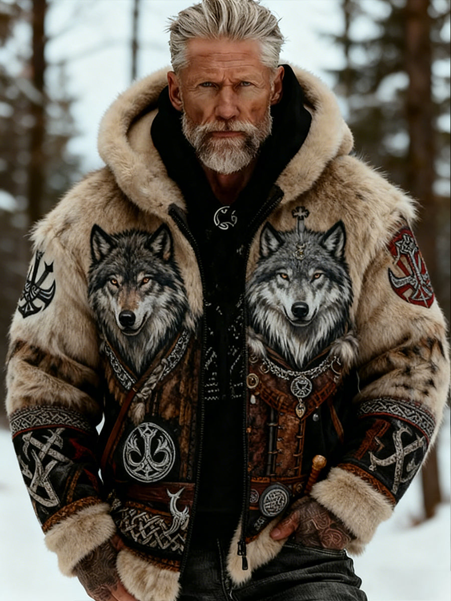 Mænds Retro Viking Wolf Totem Celtic Style Flannel varm hættefuld sweatshirt