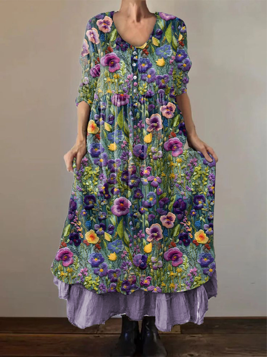 Kvinders Alzheimer's bevidsthed Lilla Blomst Printede bomuld Linen Langærme Maxi Kjole