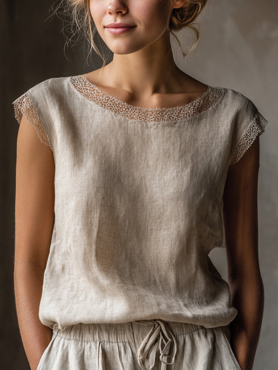 Kvinder Elegant blonder lappeværk Linen skjorte