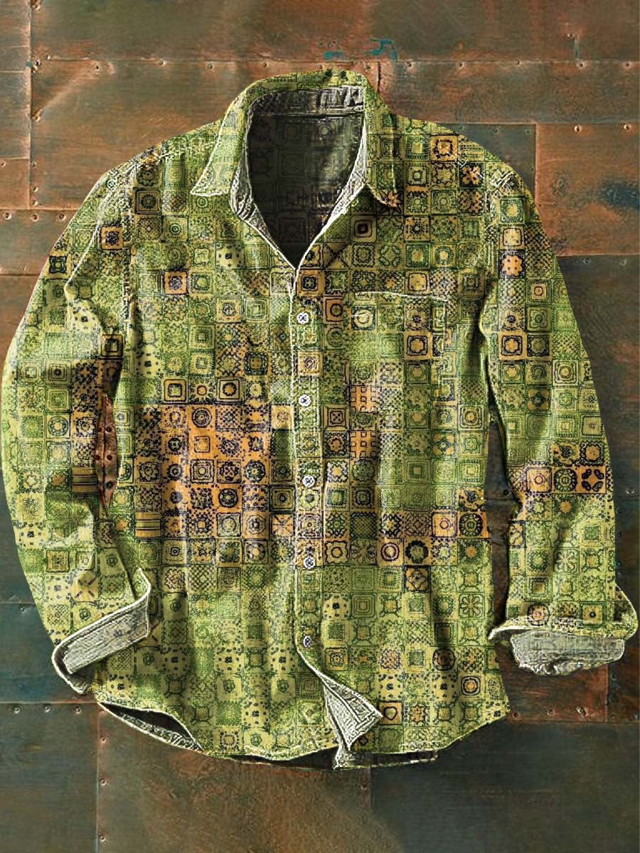 Mænds Vintage Gradient Plaid Printed Casual Lapel Lange ærme skjorte