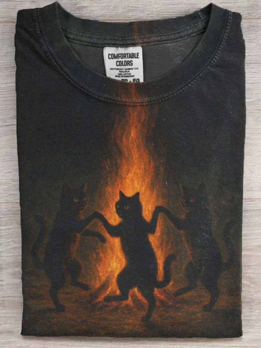Halloween Bonfire kat Print Casual Short-Sulve T-shirt
