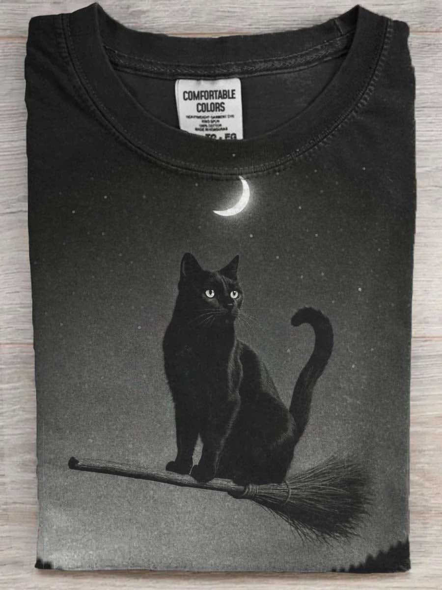 Halloween sort kat Print Casual korte ærme T-shirt