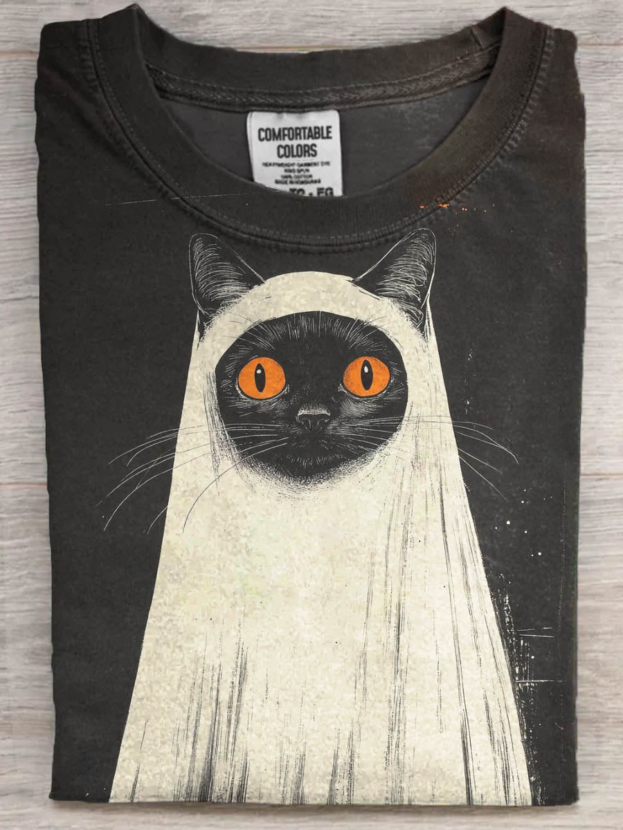 Halloween sort kat Print Casual korte ærme T-shirt