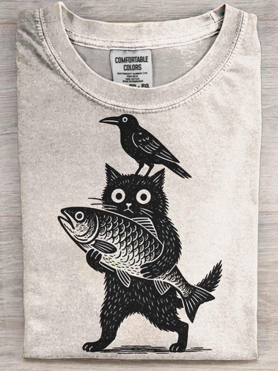 Funny Cat Crow Print Casual Kort ærme T-shirt