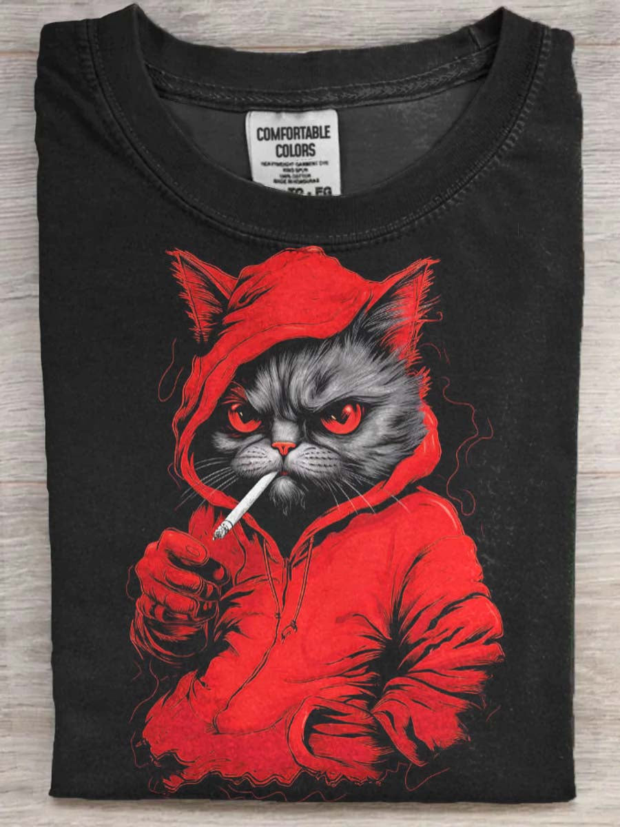 Funny Cat rygning Print Casual Crew hals korte ærme T-shirt