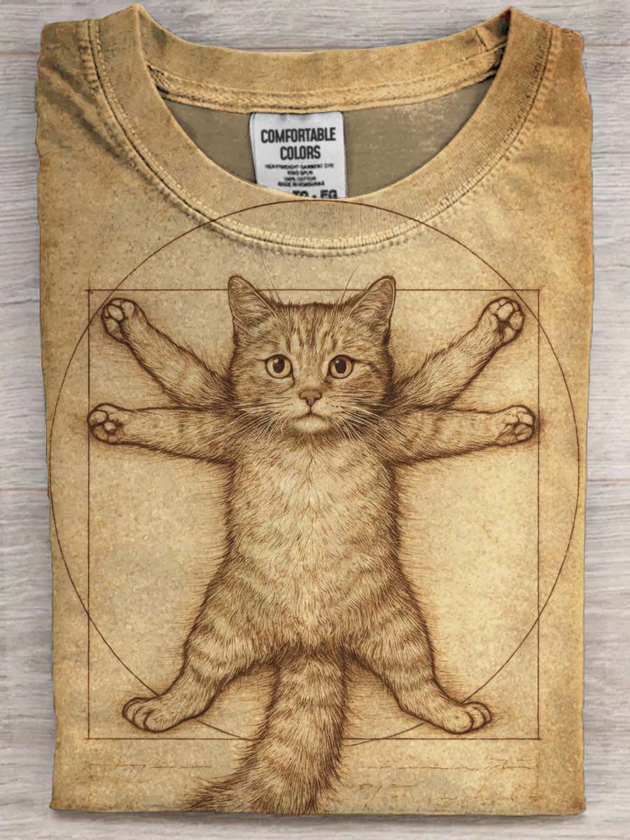 Sjov Vitruvius Kitten Skitse Print Casual Short Sleeve T-shirt