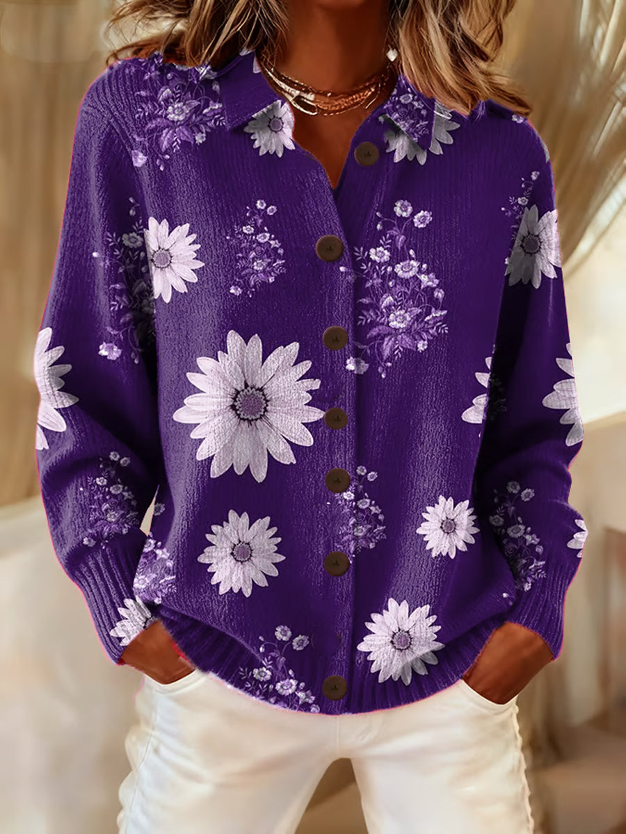 Kvinder Casual Retro Lilla Blomster Cardigan
