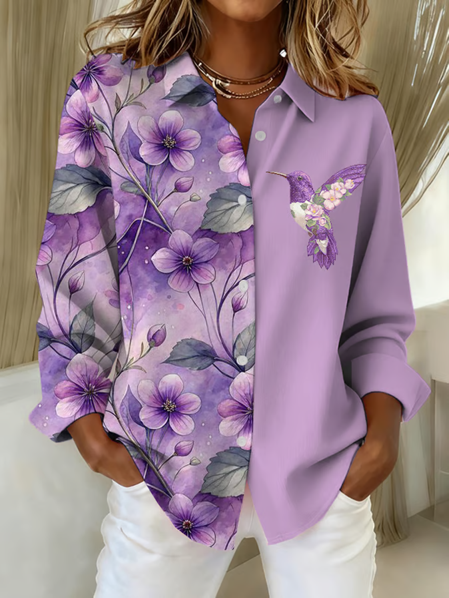 Kvinders lilla kolibri blomster Print Casual Linen skjorte
