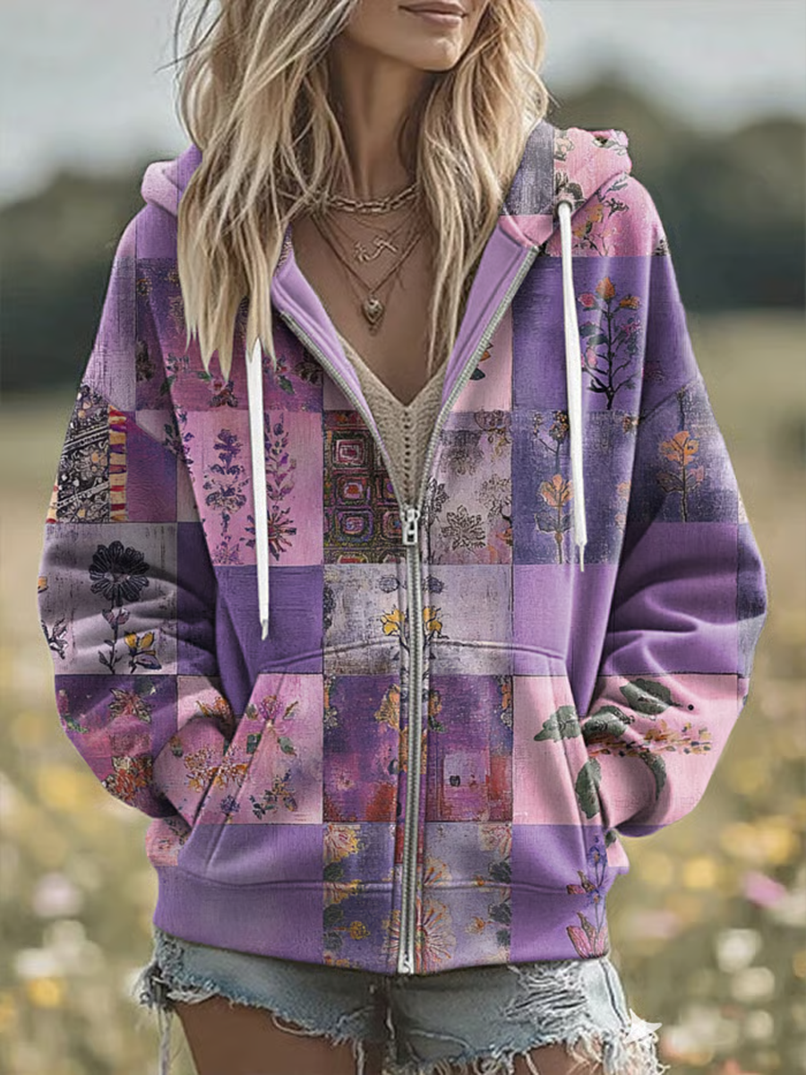 Kvinders Casual Alzheimers bevidsthed lilla patchwork hættet Sweatshirt