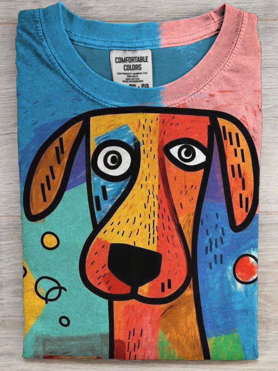 Abstrakt Farverige hvalp Print Casual Short Slem T-shirt