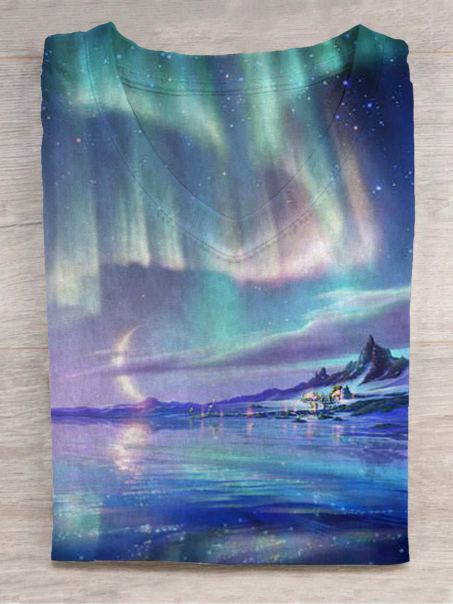 Unisex Aurora Scenery V-hals Kort ærme Print Design T-shirt
