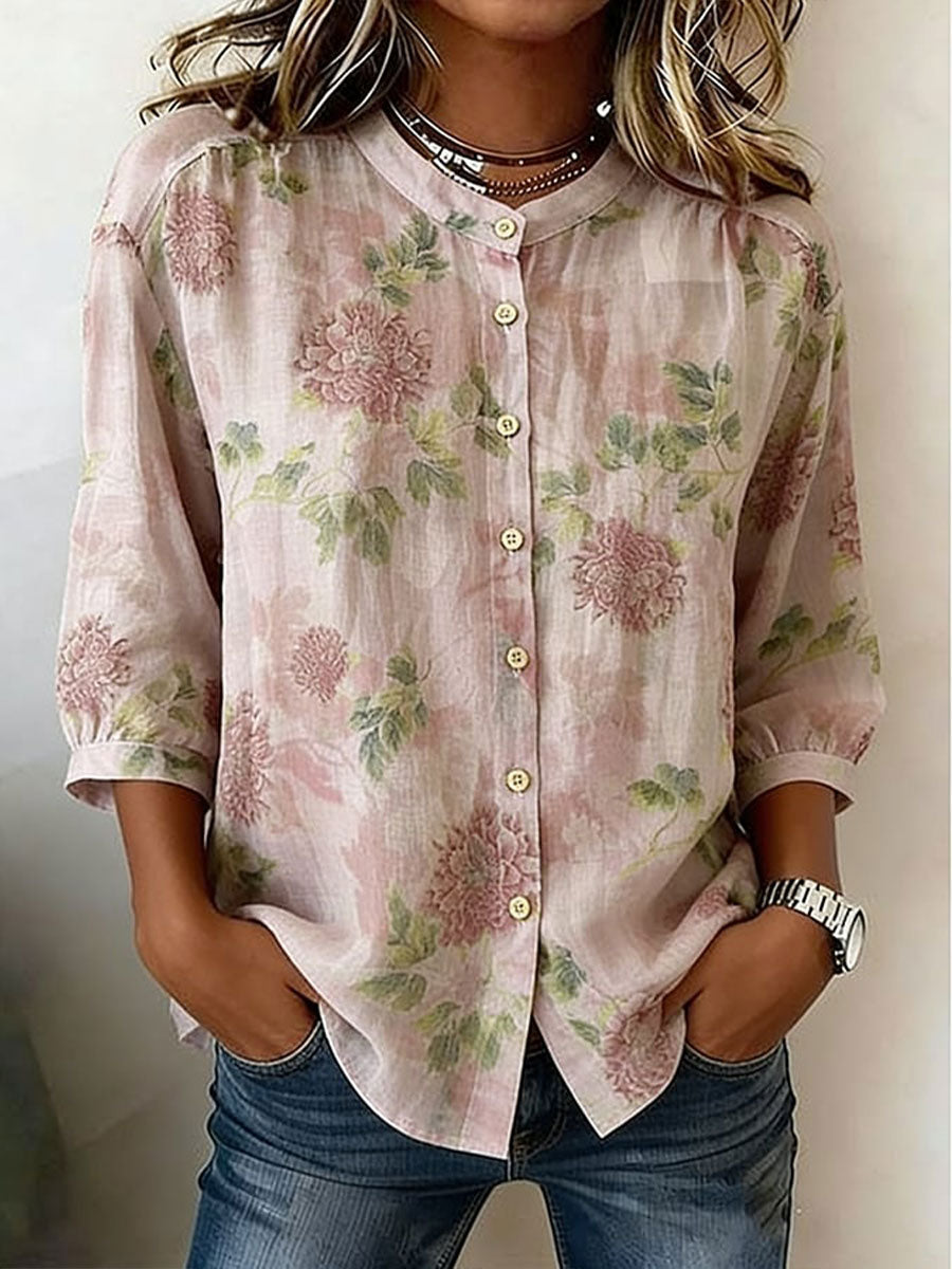 Kvinders blomster af bomuld-Linen Casual skjorte