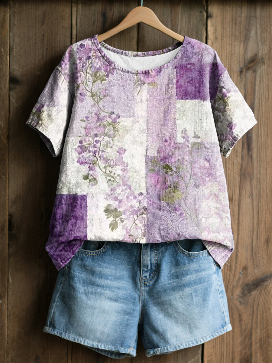 Kvinders lilla flora kunstprint afslappet t-shirt