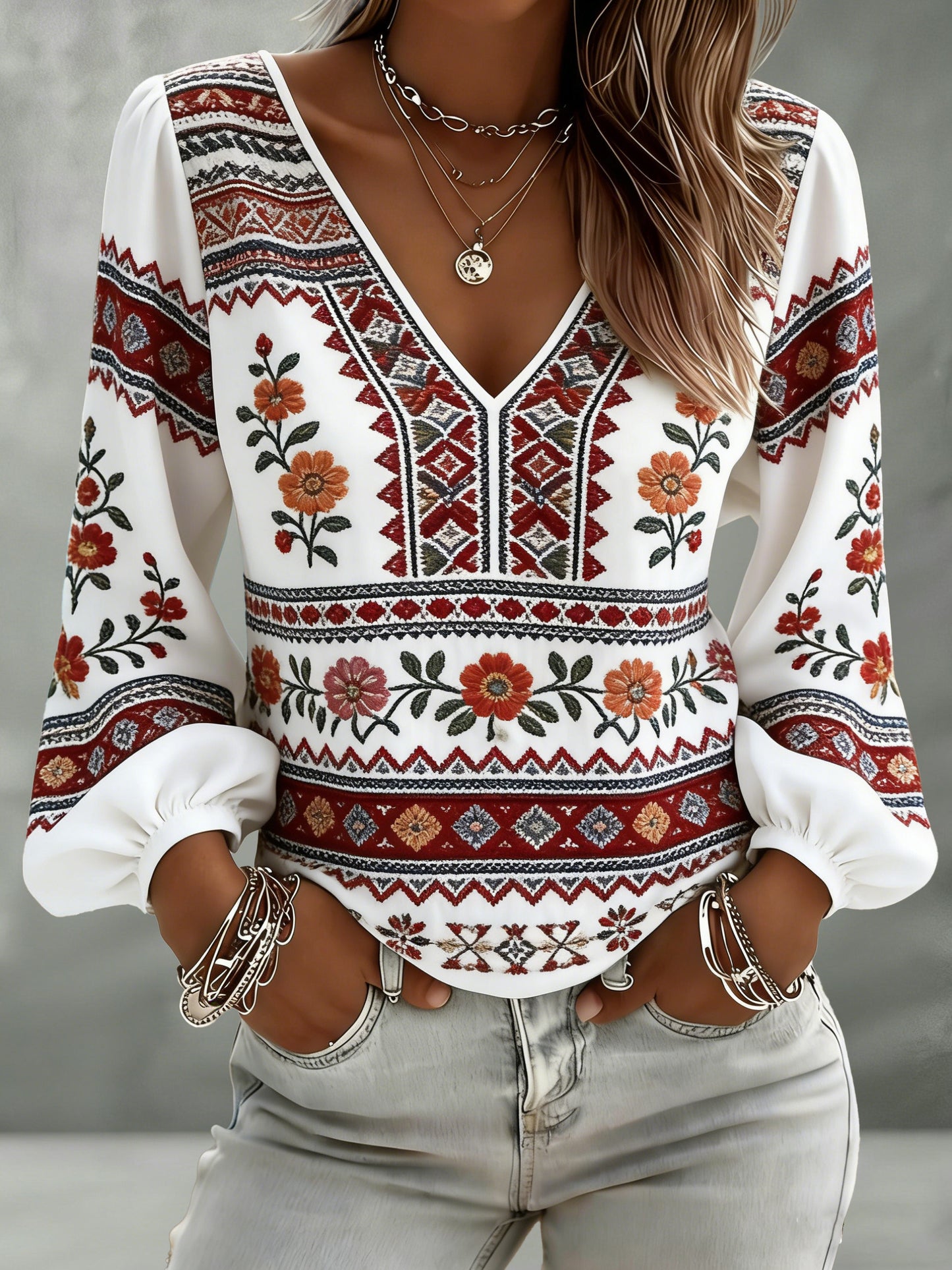 Kvinders danske Grønland Vintage Etnisk Stil kombineret med Nordic Fair Isle Jacquard Print T-Shirt