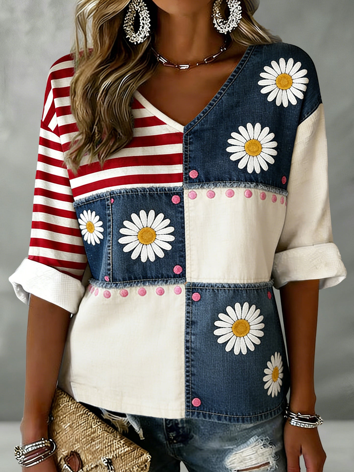 Kvindernes danske svane- og daisy-kunstprint-sammet t-shirt