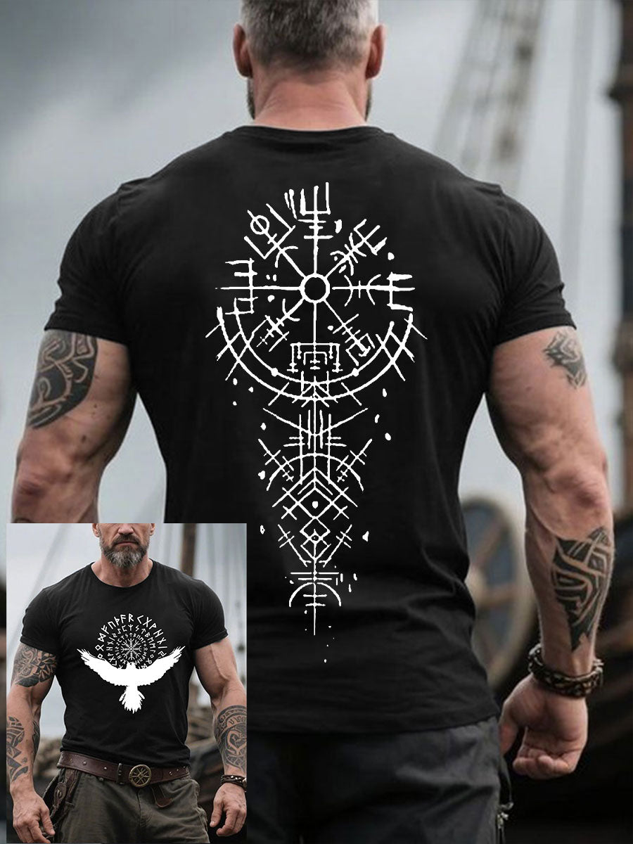 Mænds Viking Style Ravens&Vegvísir Trykt T-shirt