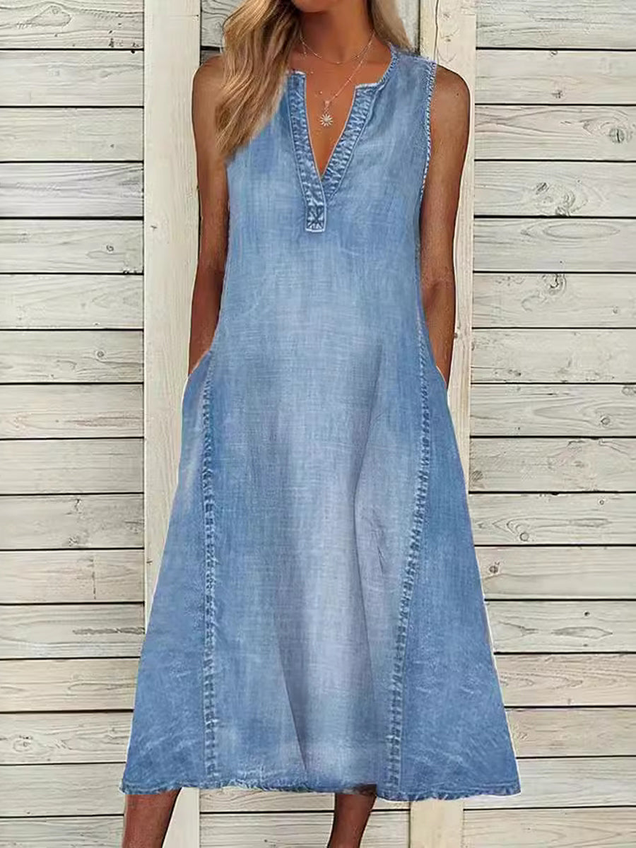 Kvinders Casual Elegant ærmerløse V-hals Denim kjole
